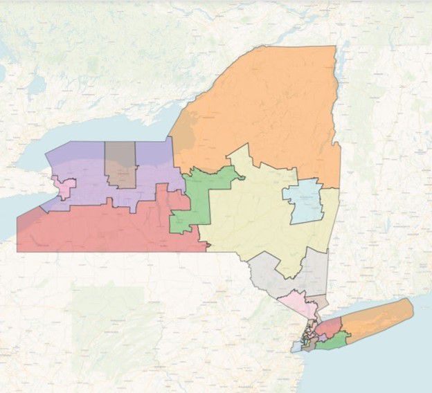 This map of New York shows regions divided by color, reflecting the redistricting lines Republicans want for the state.